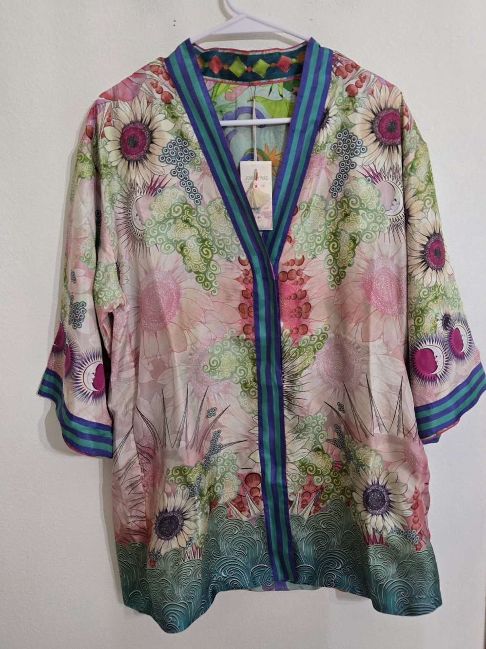 Johnny Was Multicolor Floral Silk Jacket with Teal and Pink Accents, Reversible.